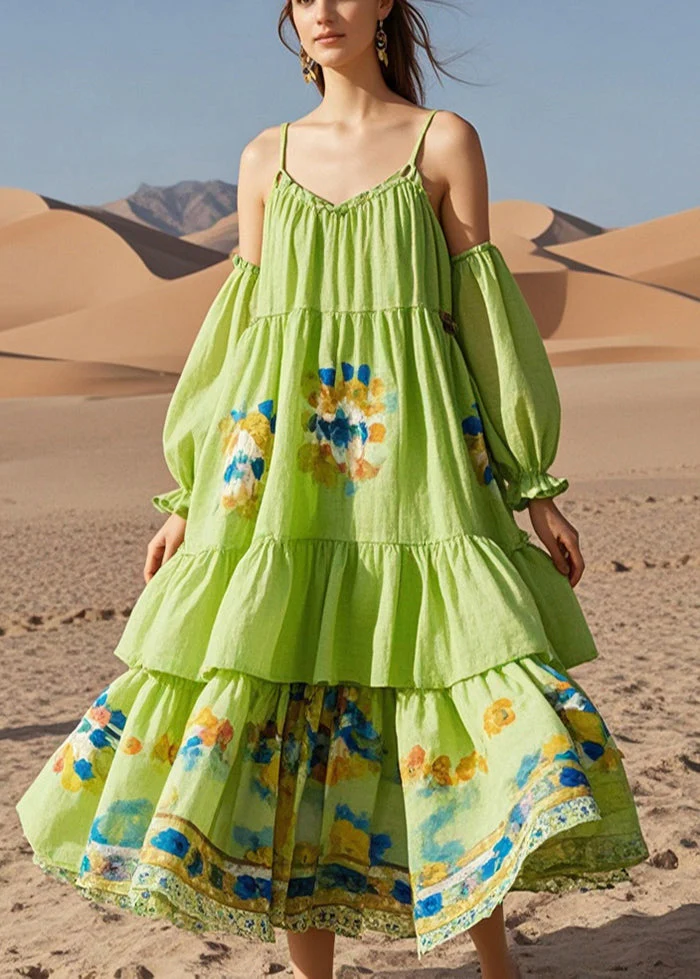 Fine Green Puff Sleeve Print Cotton Beach Dress Summer - Image 3
