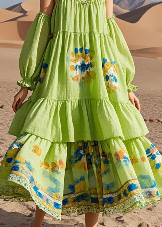 Fine Green Puff Sleeve Print Cotton Beach Dress Summer - Image 4