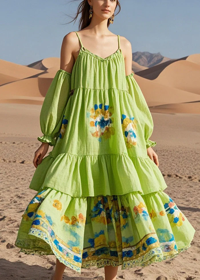 Fine Green Puff Sleeve Print Cotton Beach Dress Summer - Image 5