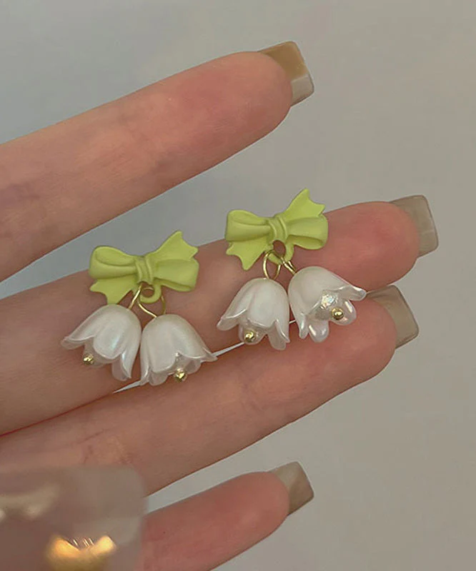 Fine Green Sterling Silver Overgile Bow Lily Of The Valley Drop Earrings