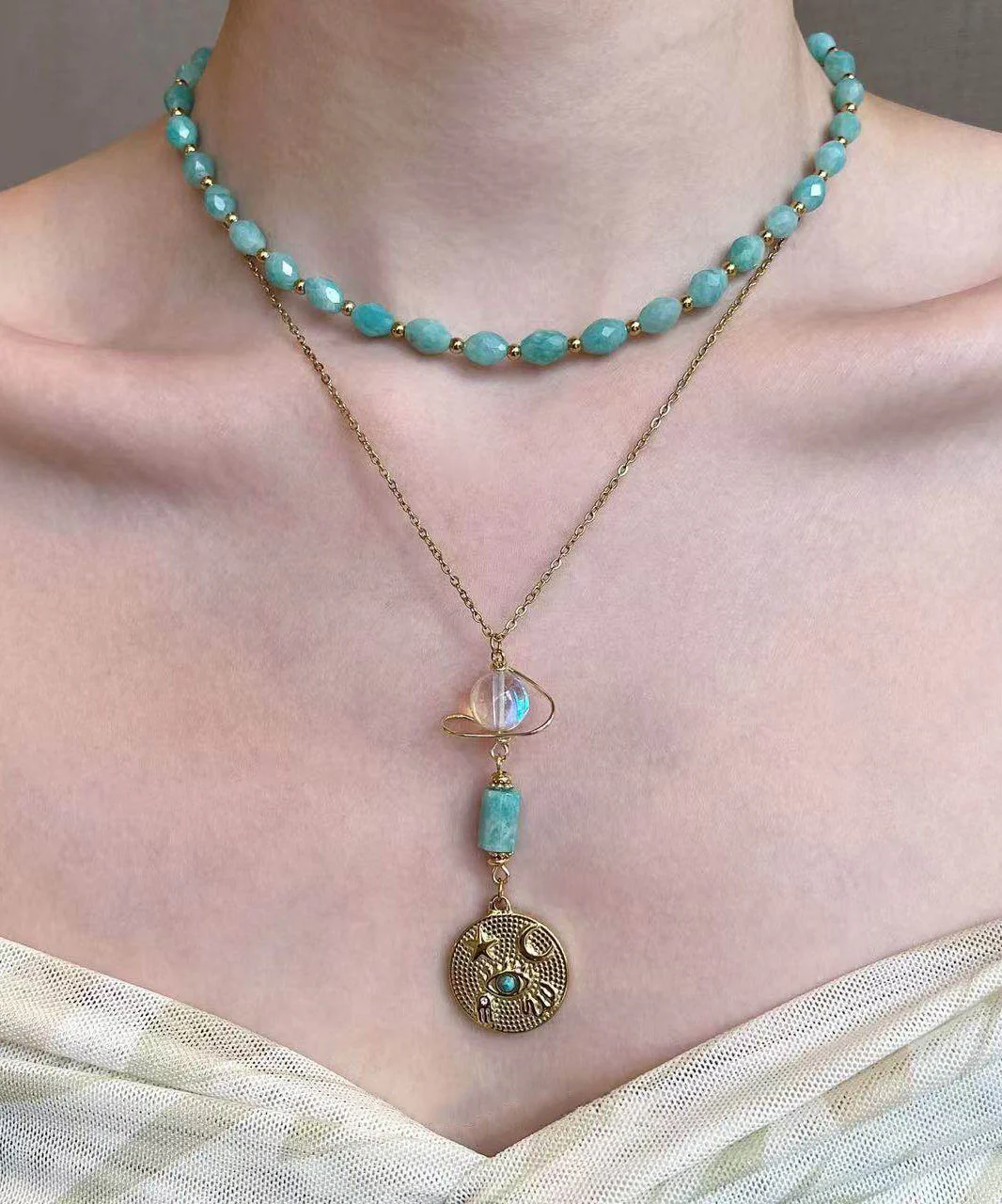 Fine Green Tianhe Stone Evil Eye Beads Layering Titanium Steel Two Piece Set Pendant Necklace - Image 2