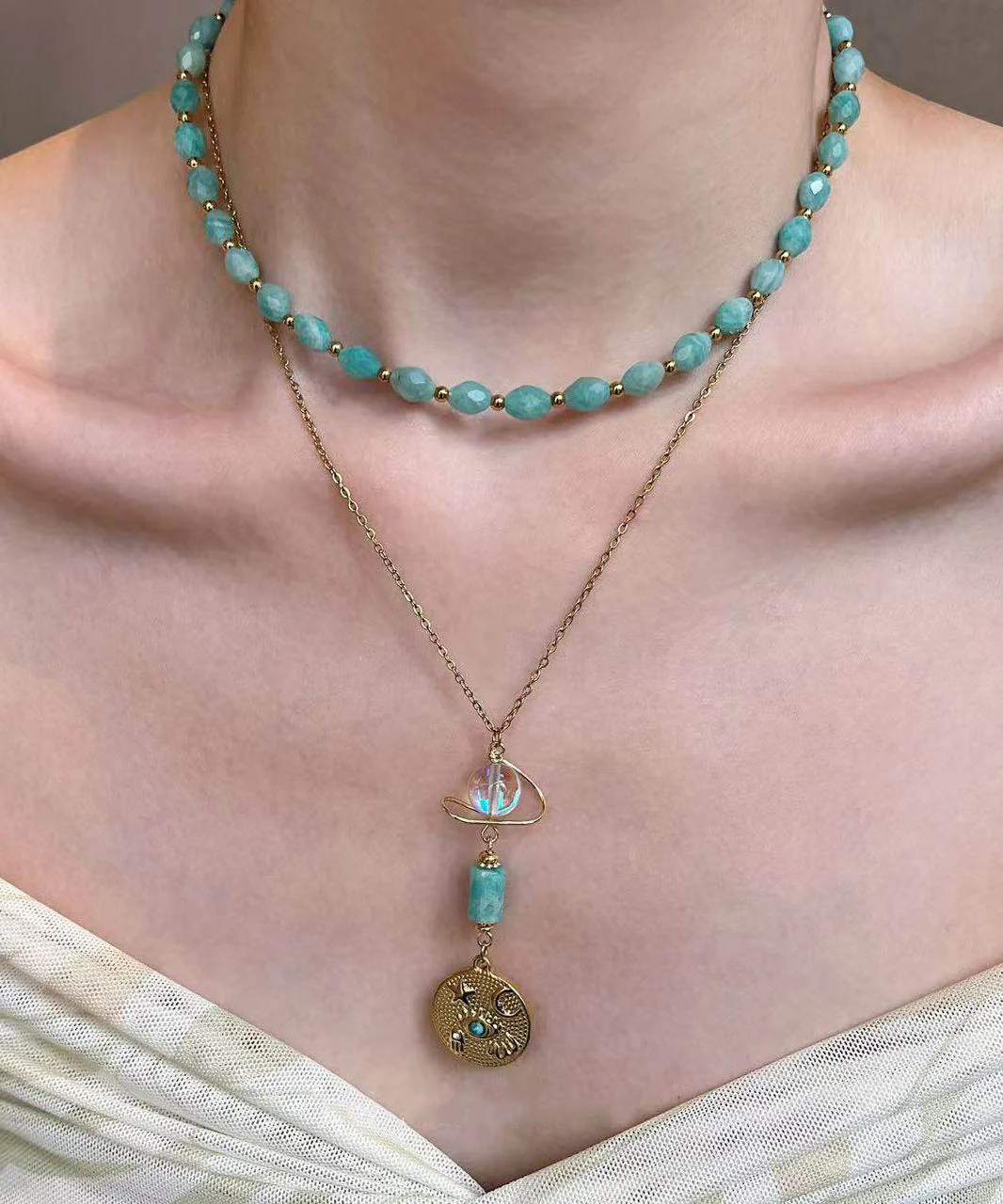 Fine Green Tianhe Stone Evil Eye Beads Layering Titanium Steel Two Piece Set Pendant Necklace - Image 3