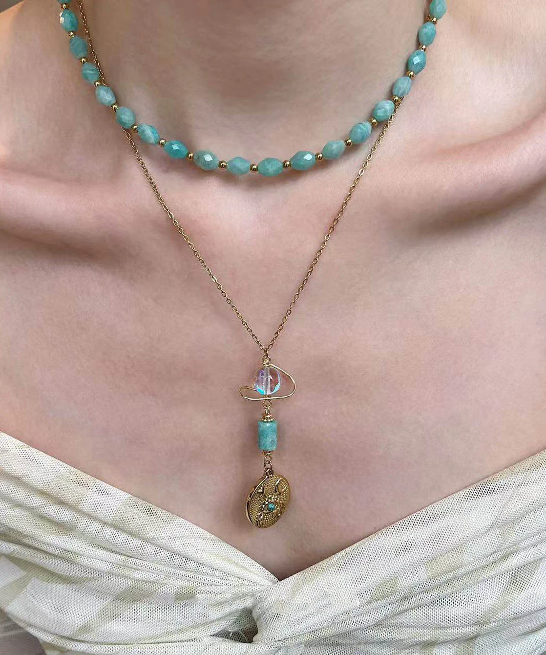 Fine Green Tianhe Stone Evil Eye Beads Layering Titanium Steel Two Piece Set Pendant Necklace - Image 4