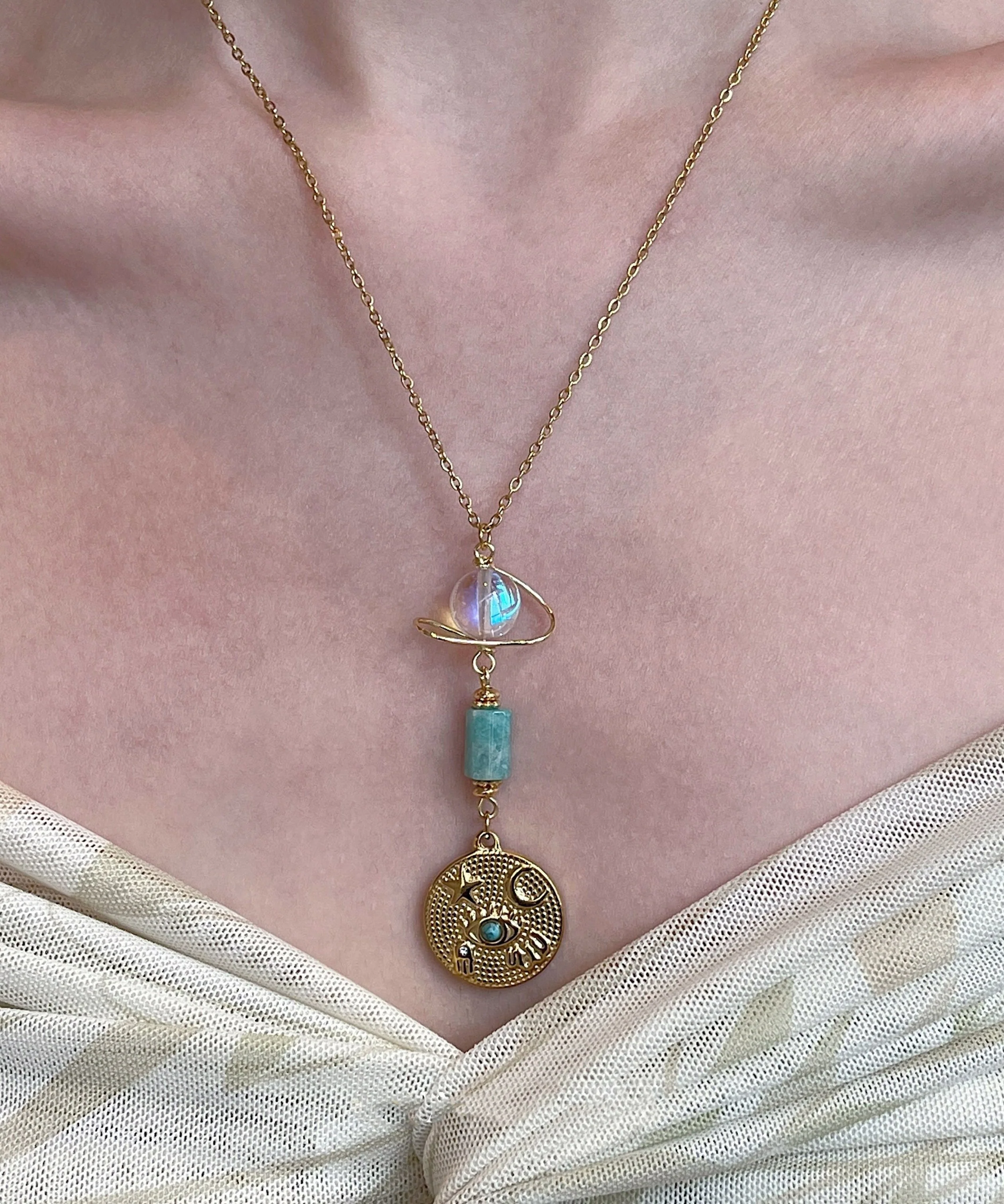 Fine Green Tianhe Stone Evil Eye Beads Layering Titanium Steel Two Piece Set Pendant Necklace - Image 5