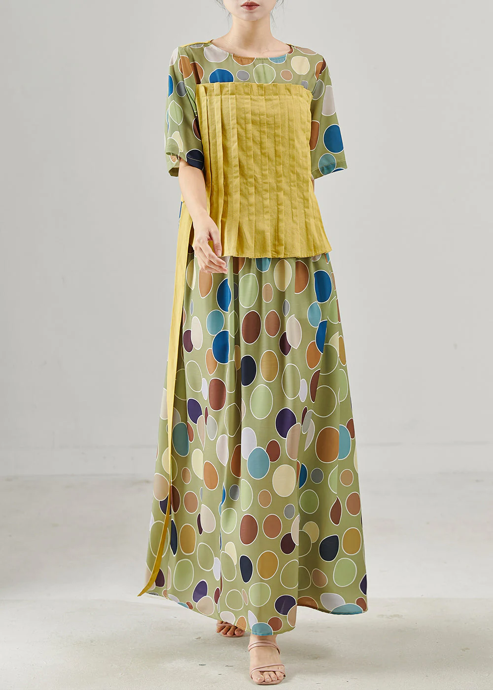 Fine Green Tie Waist Patchwork Linen Robe Dresses Summer - Image 2