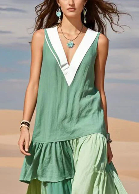 Fine Green V Neck Patchwork Cotton Day Dress Sleeveless - Image 2