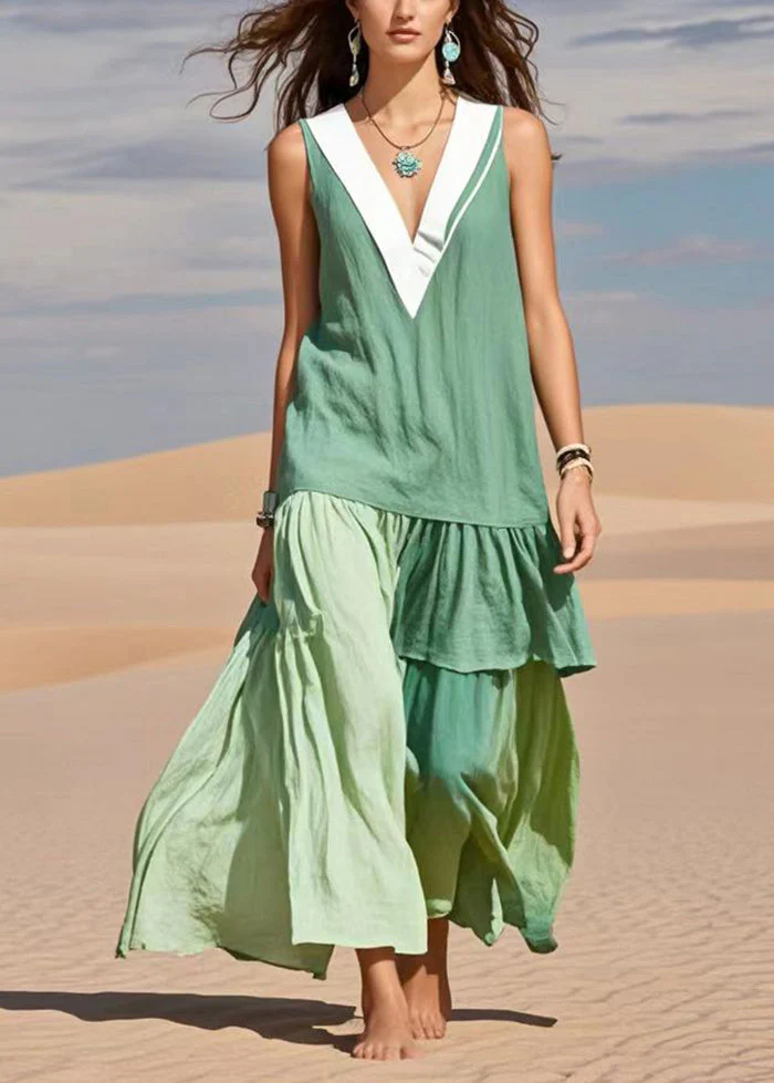 Fine Green V Neck Patchwork Cotton Day Dress Sleeveless - Image 3