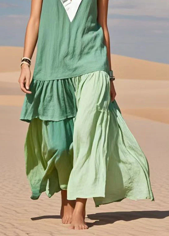Fine Green V Neck Patchwork Cotton Day Dress Sleeveless - Image 4