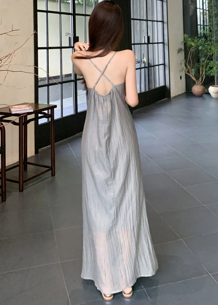 Fine Grey Asymmetrical Design Flower Chiffon Halter Dress Two Piece Set Summer - Image 4