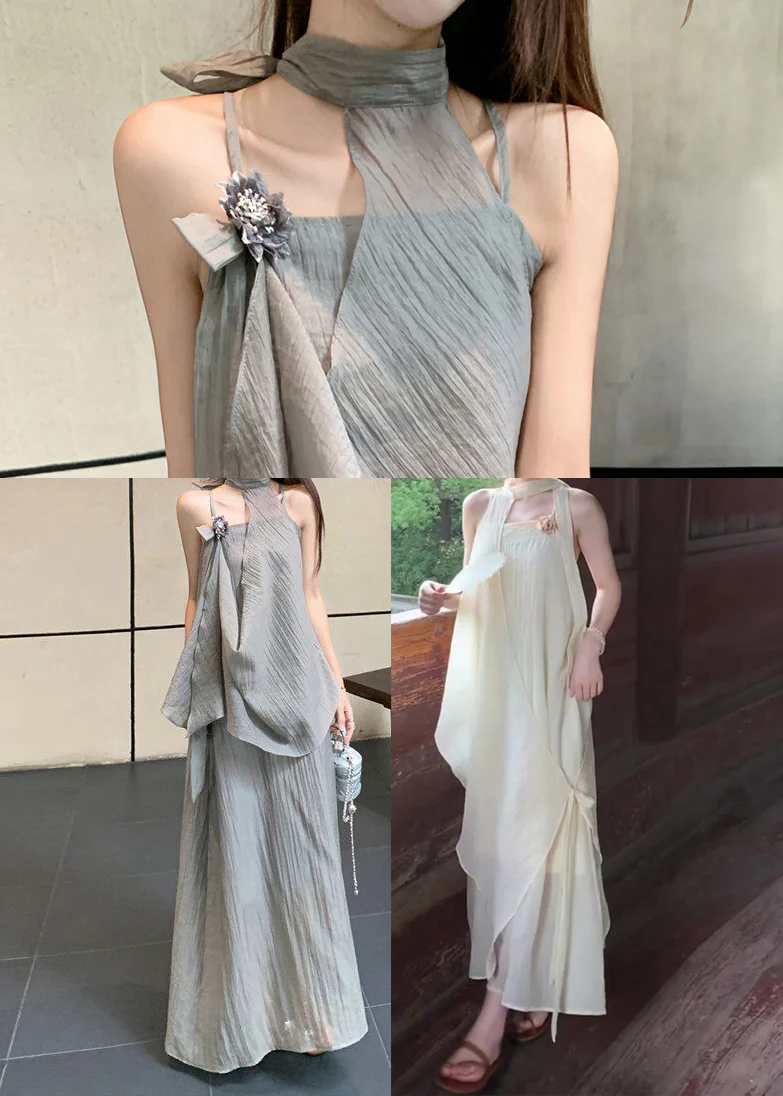 Fine Grey Asymmetrical Design Flower Chiffon Halter Dress Two Piece Set Summer - Image 5