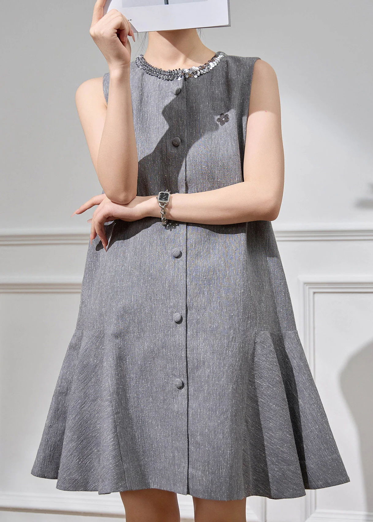 Fine Grey O-Neck Butto Vacation Mid Dress Short Sleeve - Image 2