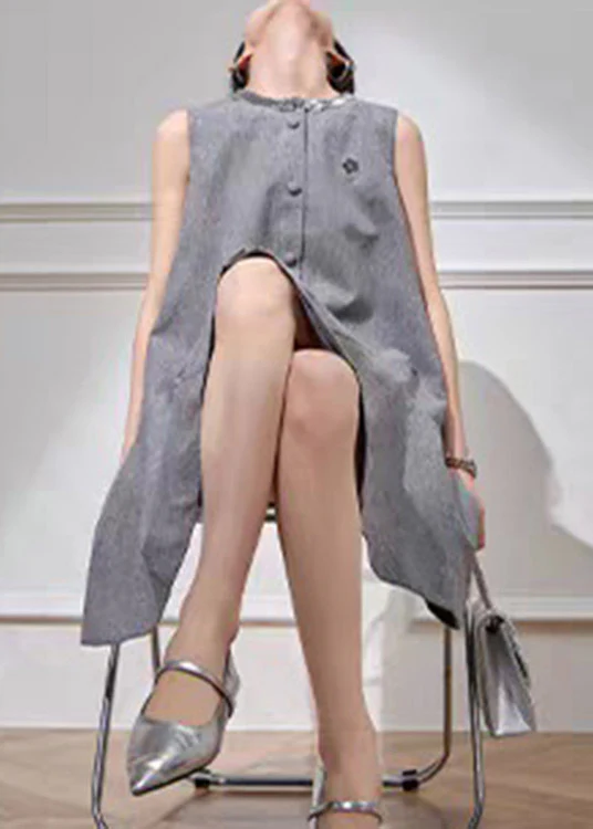 Fine Grey O-Neck Butto Vacation Mid Dress Short Sleeve - Image 3