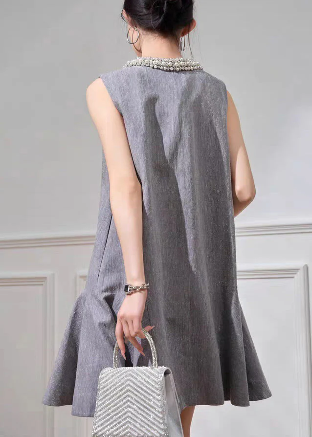 Fine Grey O-Neck Butto Vacation Mid Dress Short Sleeve - Image 4