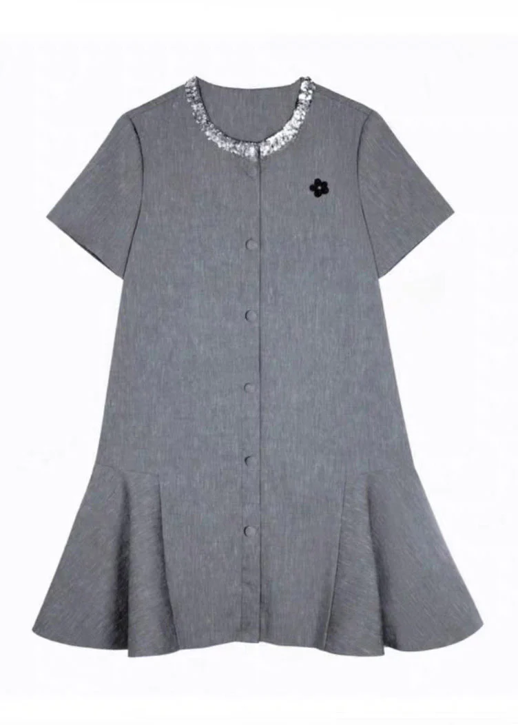 Fine Grey O-Neck Butto Vacation Mid Dress Short Sleeve - Image 5