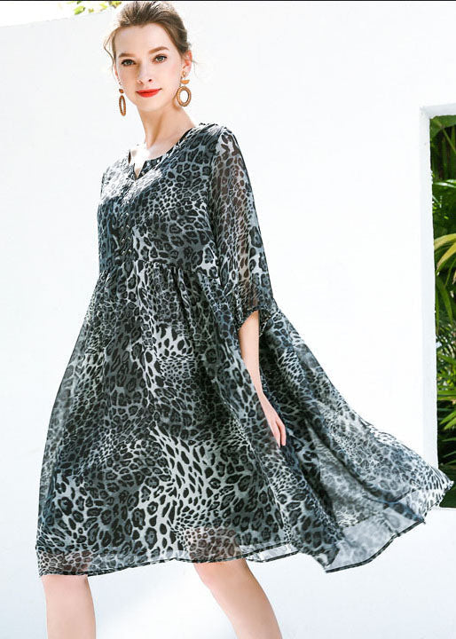 Fine Grey Oversized Leopard Print Chiffon Maxi Dresses Summer - Image 3