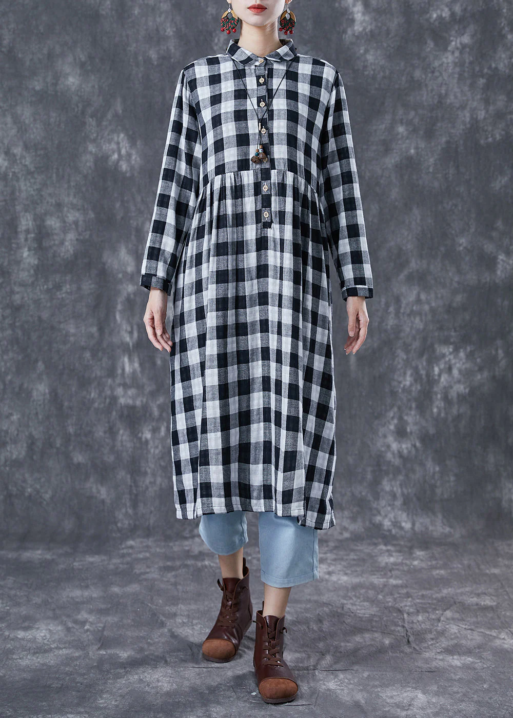 Fine Grey Oversized Plaid Cotton Maxi Dresses Spring - Image 2