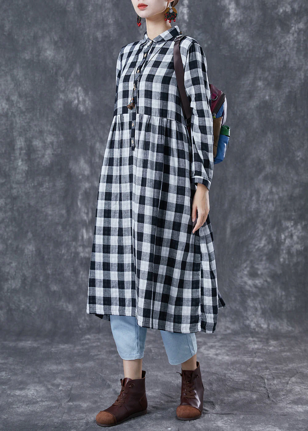 Fine Grey Oversized Plaid Cotton Maxi Dresses Spring - Image 3