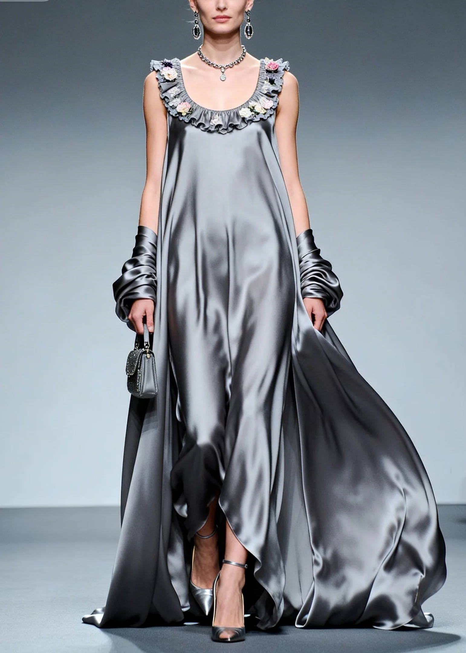 Fine Grey Ruffled Exra Large Hem Silk Party Dress Summer - Image 5