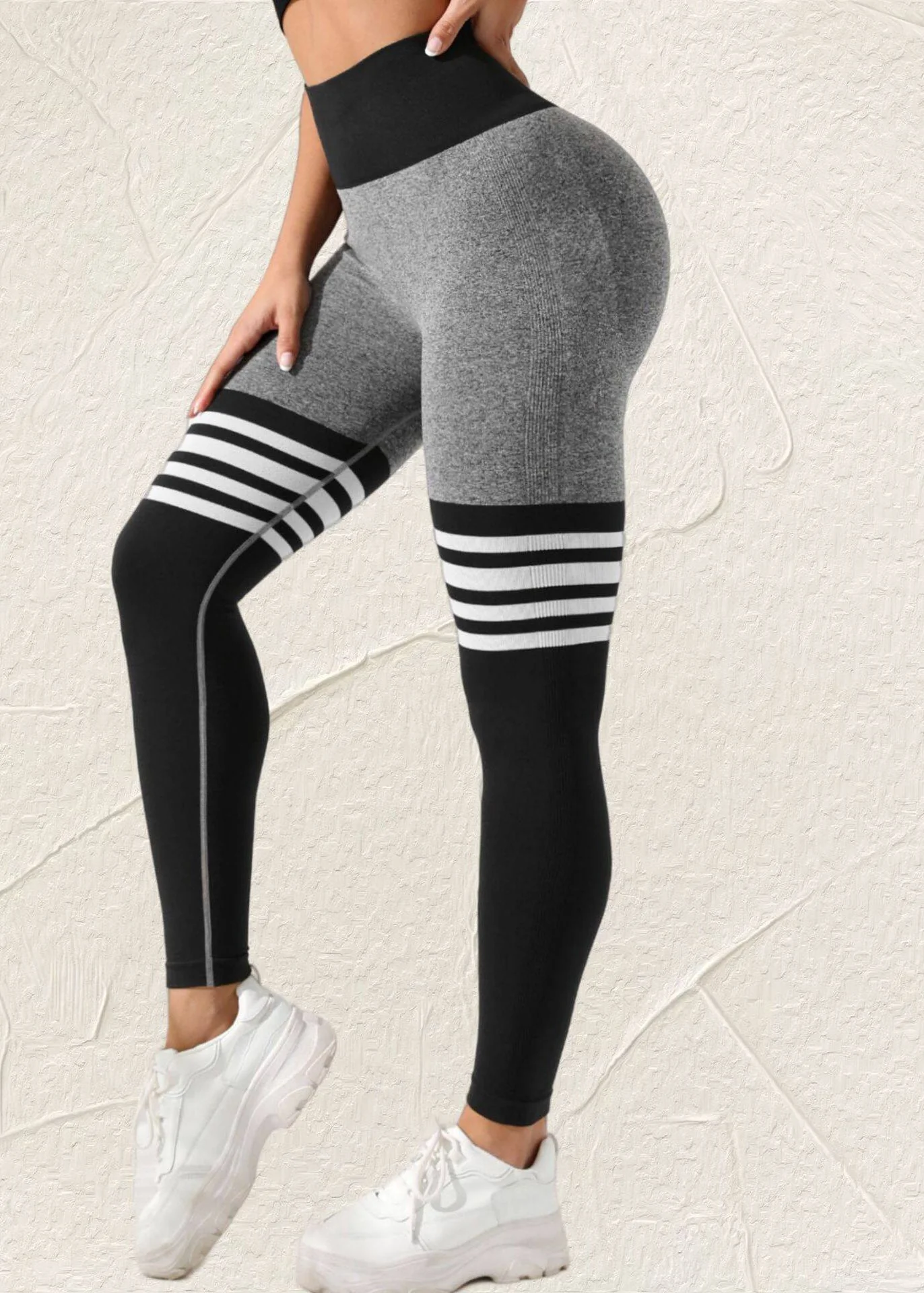 Fine Grey Striped High Waist Capri Athletic Leggings - Image 2