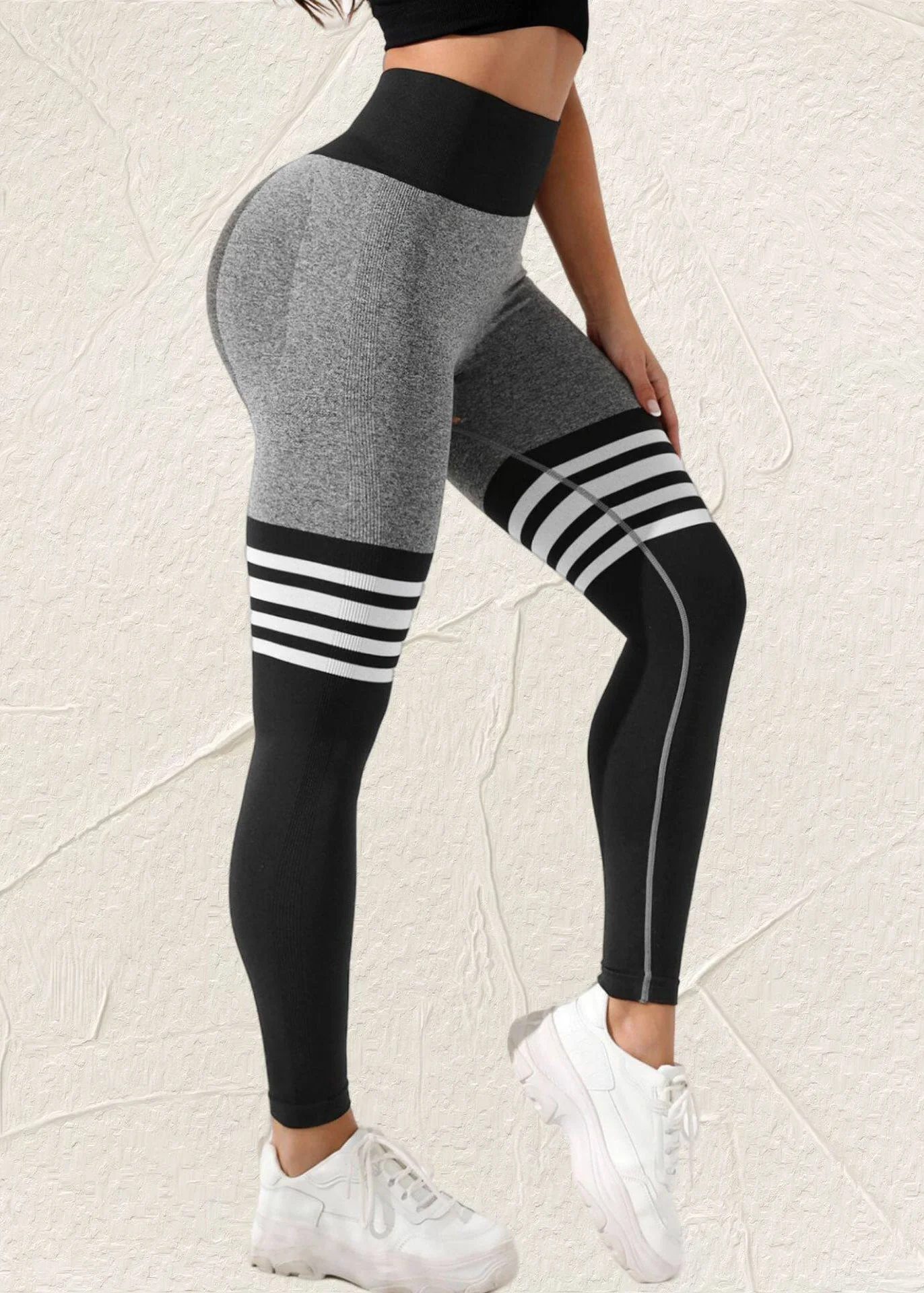Fine Grey Striped High Waist Capri Athletic Leggings - Image 4
