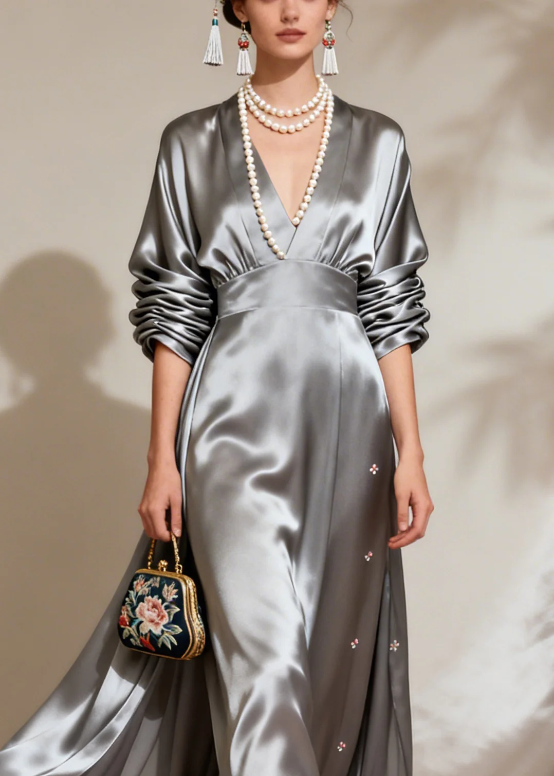 Fine Grey Wrinkled Patchwork Floral Holiday Silk Maxi Dress Long Sleeve - Image 2