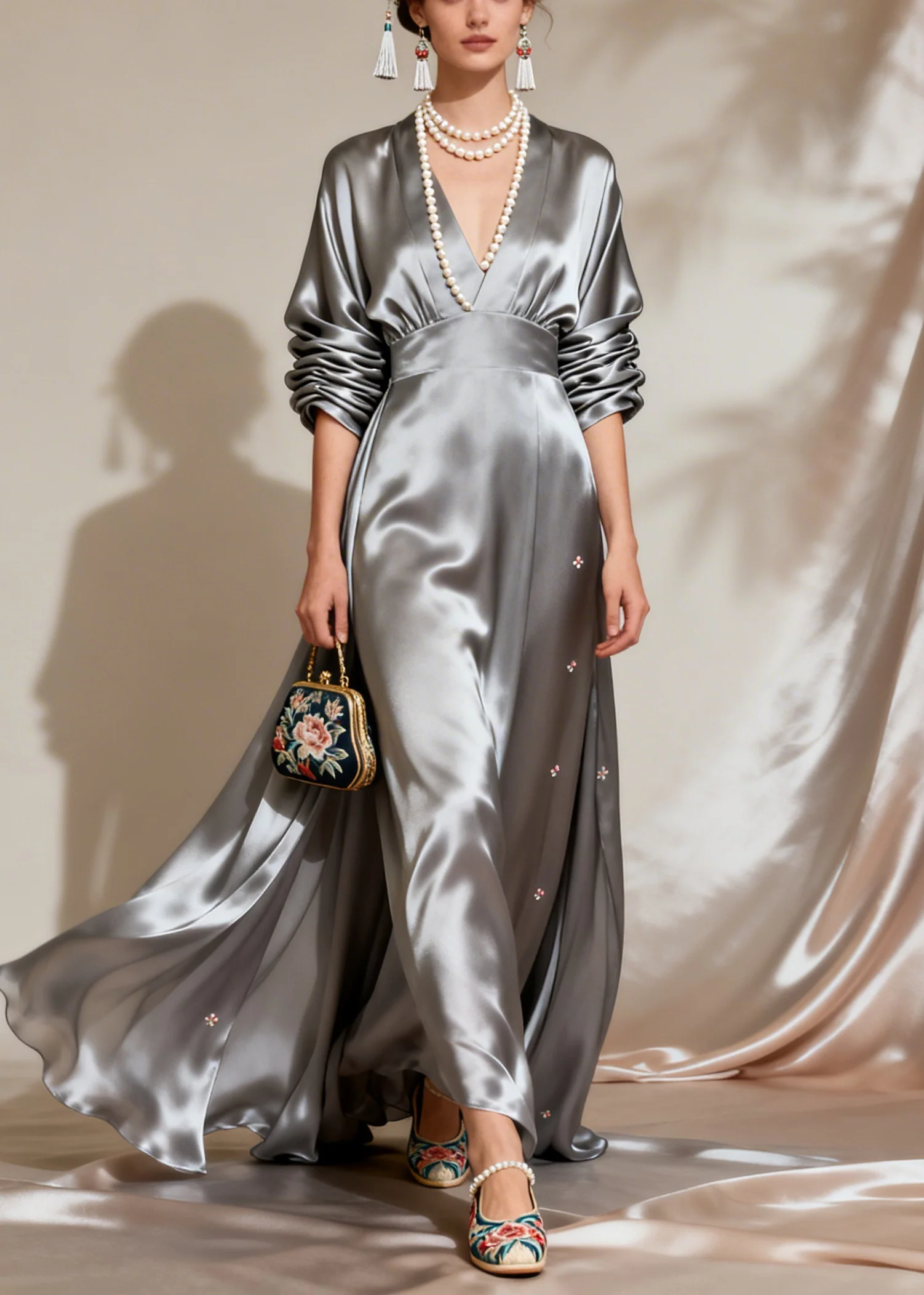 Fine Grey Wrinkled Patchwork Floral Holiday Silk Maxi Dress Long Sleeve - Image 5