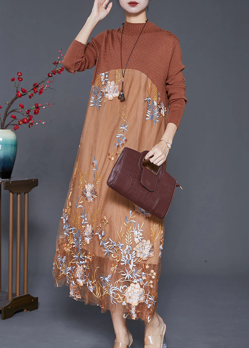Fine Khaki Embroidered Patchwork Knit Dress Fall - Image 2