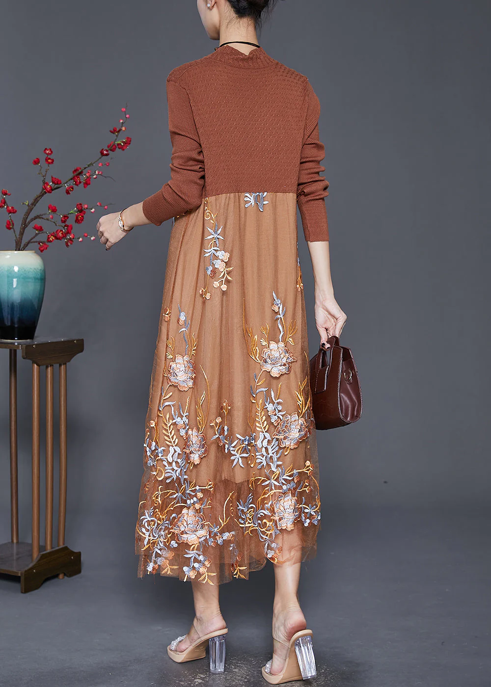Fine Khaki Embroidered Patchwork Knit Dress Fall - Image 4