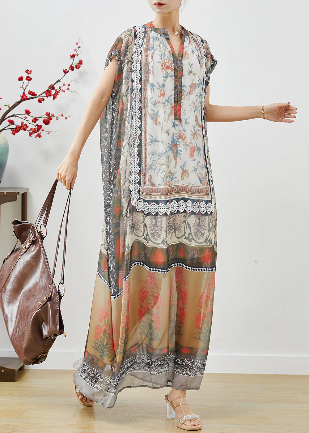 Fine Khaki Oversized Print Chiffon Beach Dress Summer - Image 2