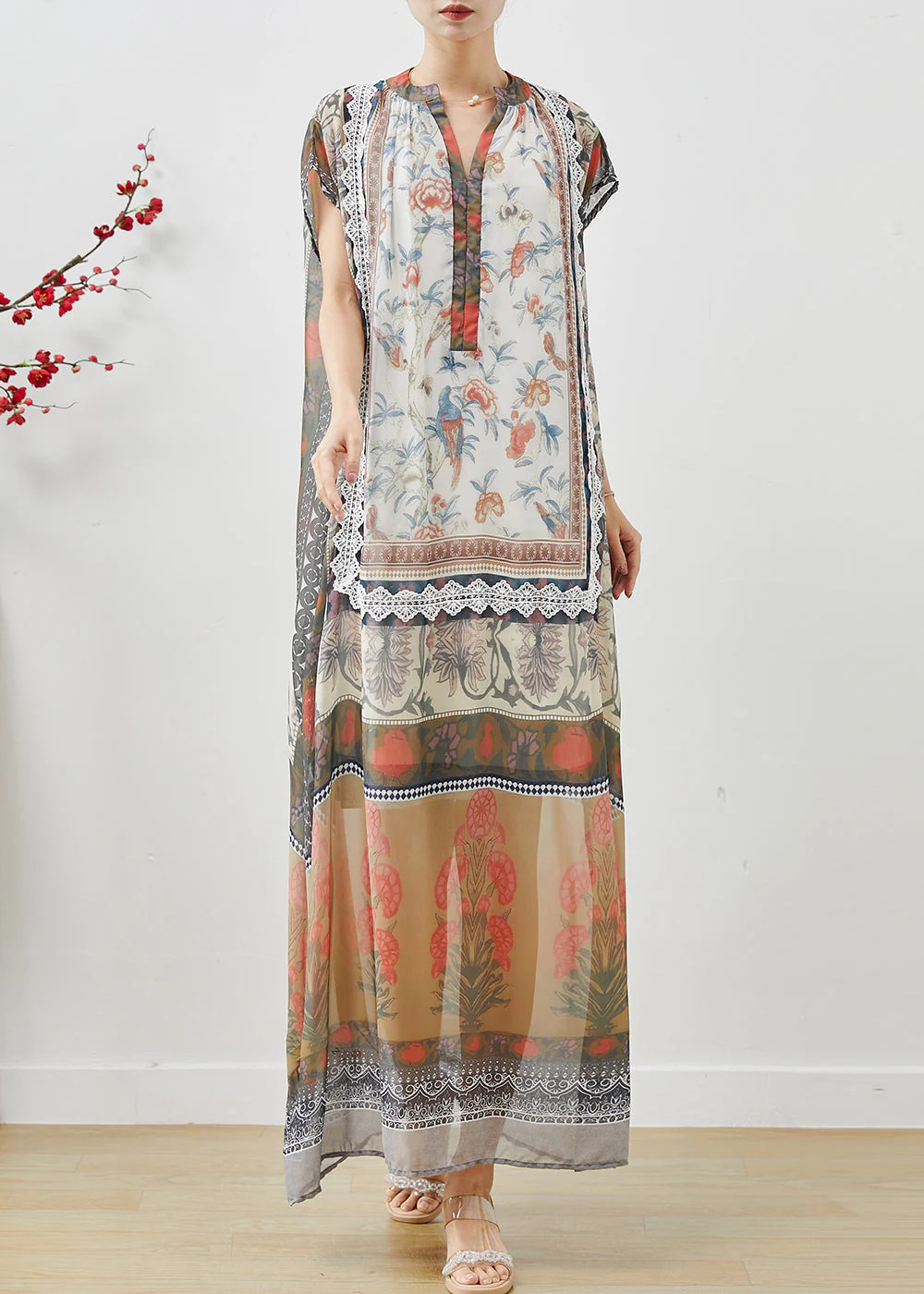 Fine Khaki Oversized Print Chiffon Beach Dress Summer - Image 3