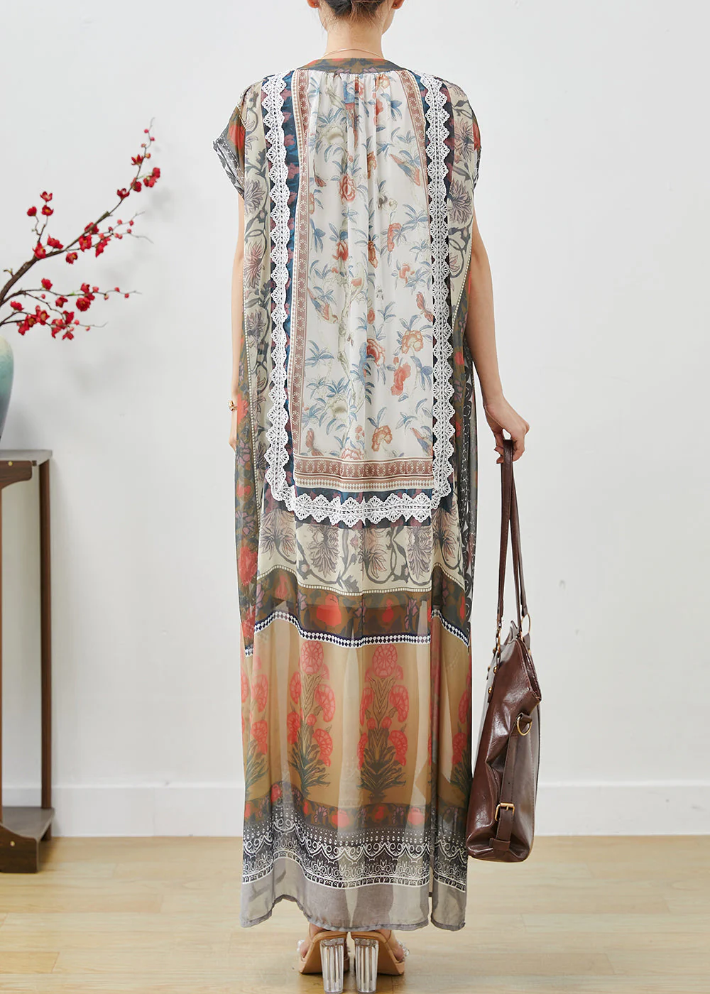 Fine Khaki Oversized Print Chiffon Beach Dress Summer - Image 4