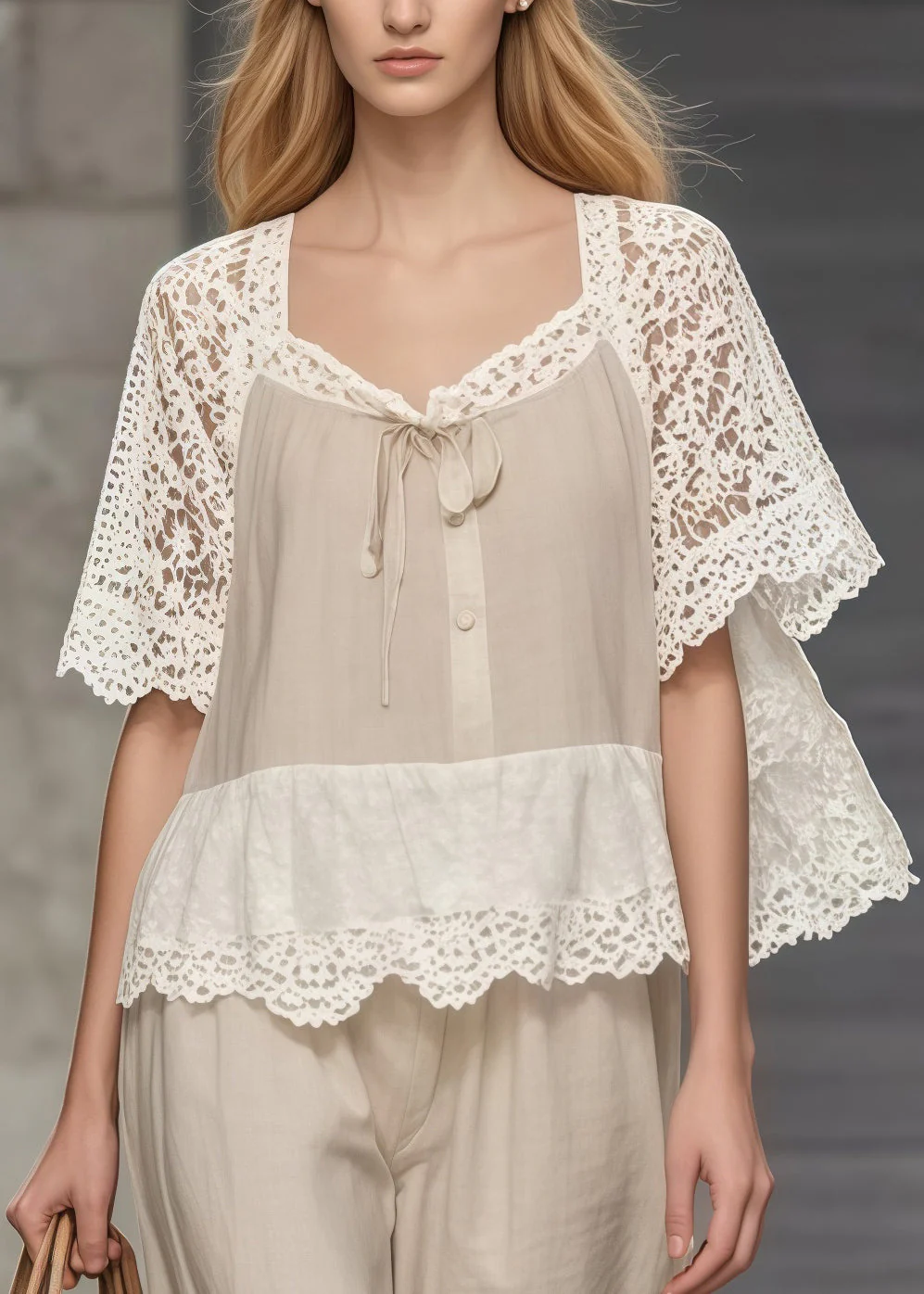 Fine Khaki Square Collar Lace Patchwork Hollow Out Two Pieces Set Summer - Image 2