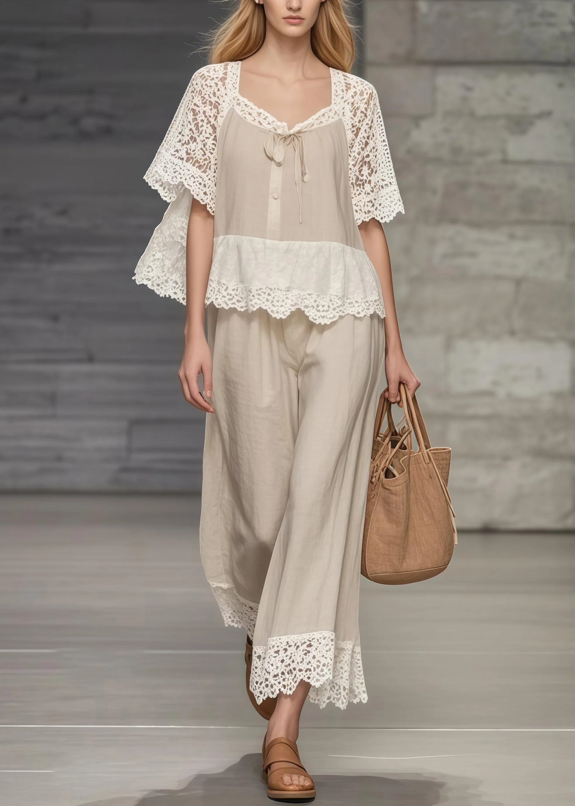 Fine Khaki Square Collar Lace Patchwork Hollow Out Two Pieces Set Summer - Image 3