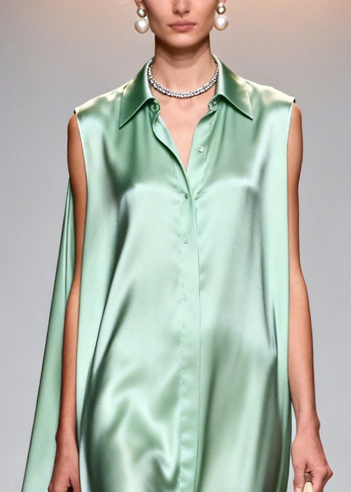Fine Lake Green Peter Pan Collar Patchwork Lace Silk Maxi Dresses Sleeveless - Image 2