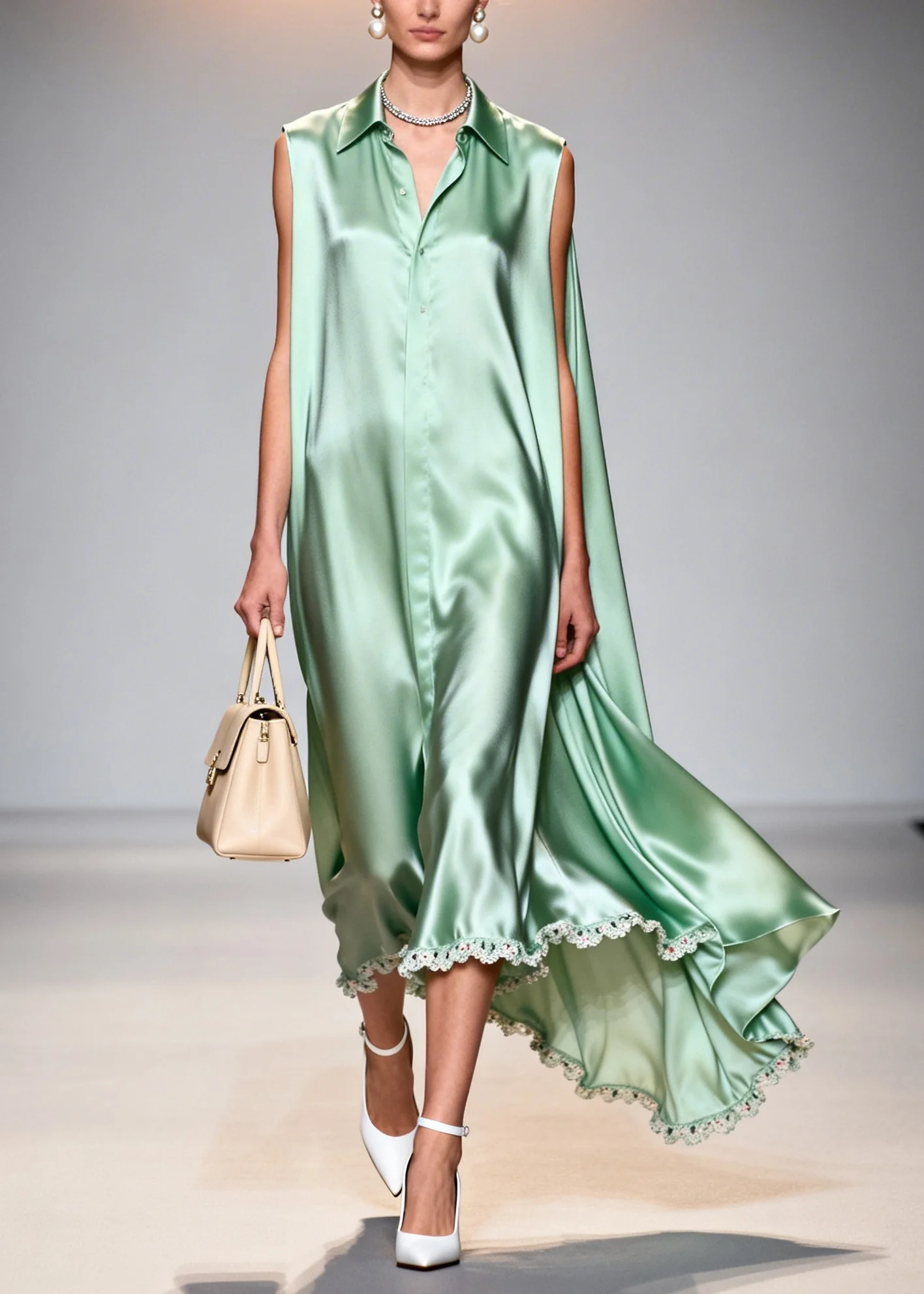 Fine Lake Green Peter Pan Collar Patchwork Lace Silk Maxi Dresses Sleeveless - Image 3