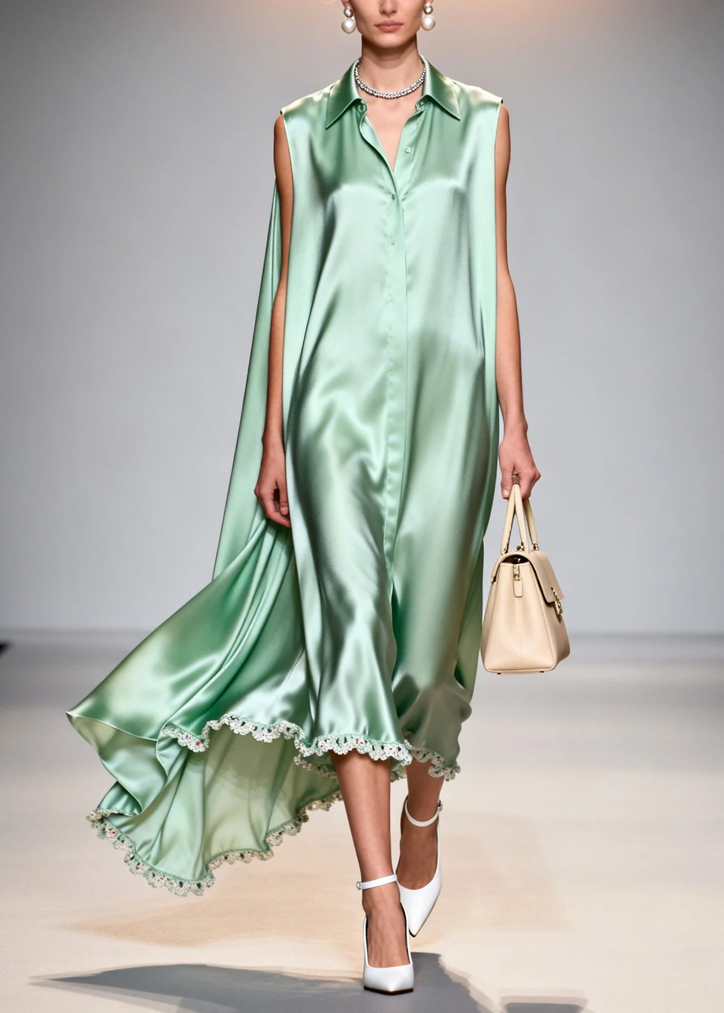 Fine Lake Green Peter Pan Collar Patchwork Lace Silk Maxi Dresses Sleeveless - Image 5