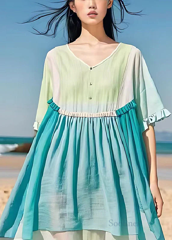 Fine Light Blue Oversized Patchwork Linen Vacation Dress Summer - Image 2