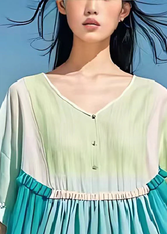 Fine Light Blue Oversized Patchwork Linen Vacation Dress Summer - Image 3