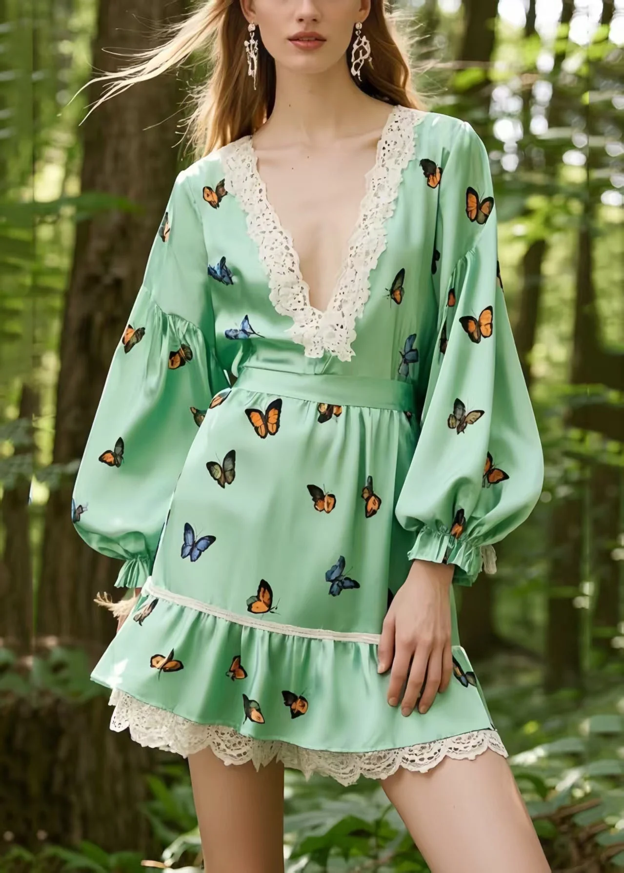 Fine Light Green Butterfly Patchwork Lace Silk Tea Dress Spring - Image 3