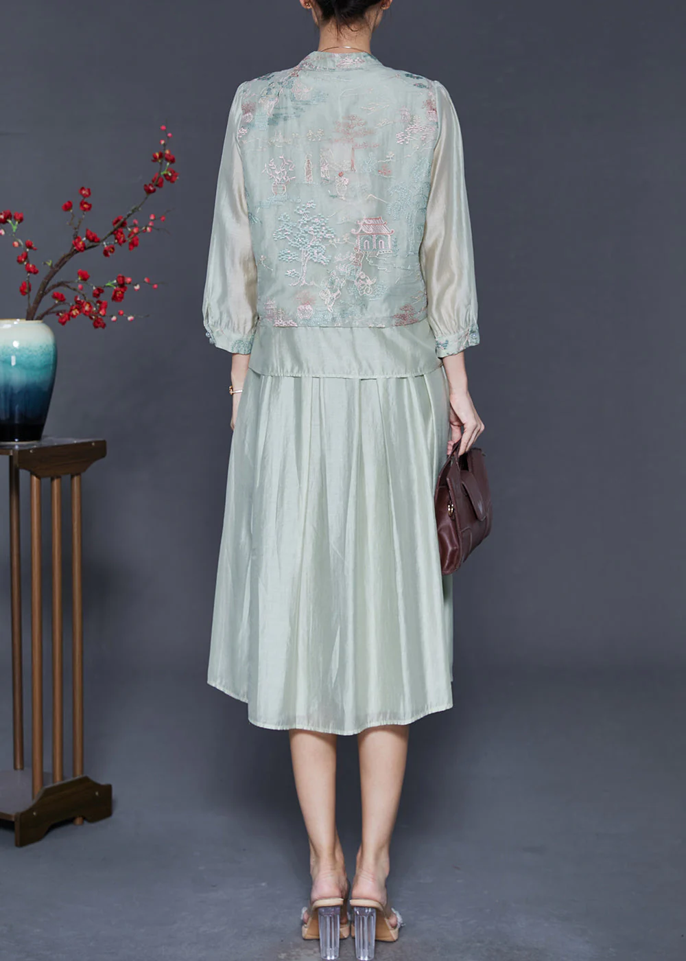 Fine Light Green Embroidered Patchwork Silk Oriental Dress Two Piece Set Summer - Image 4