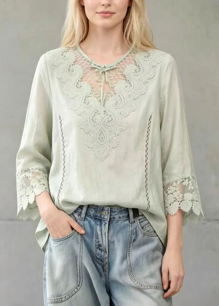 Fine Light Green Hollow Out Lace Patchwork Cotton Tanks Summer - Image 3