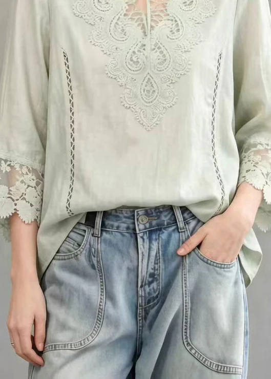 Fine Light Green Hollow Out Lace Patchwork Cotton Tanks Summer - Image 4
