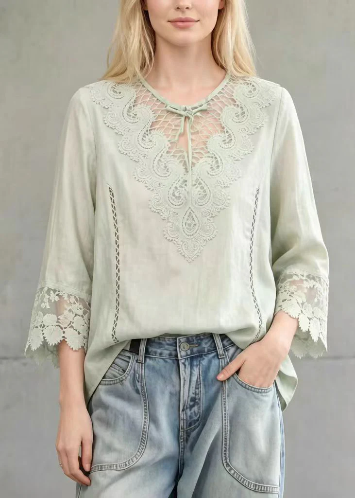 Fine Light Green Hollow Out Lace Patchwork Cotton Tanks Summer - Image 5