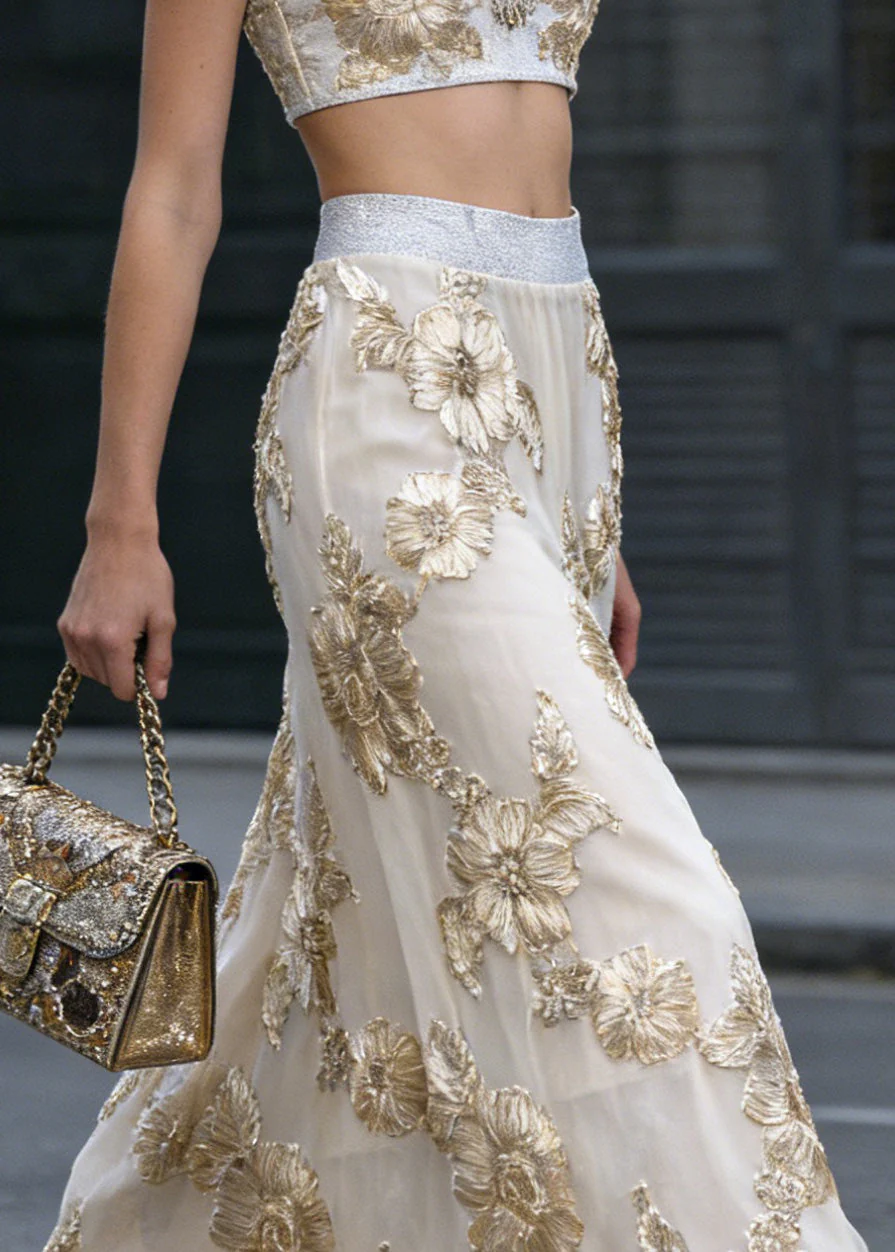 Fine Light Khaki Floral High Waist Tulle Skirt Spring - Image 2