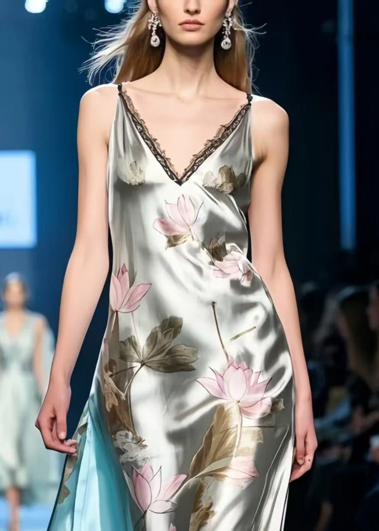 Fine Lotus Print Draping Silk Spaghetti Strap Sundress - Image 2