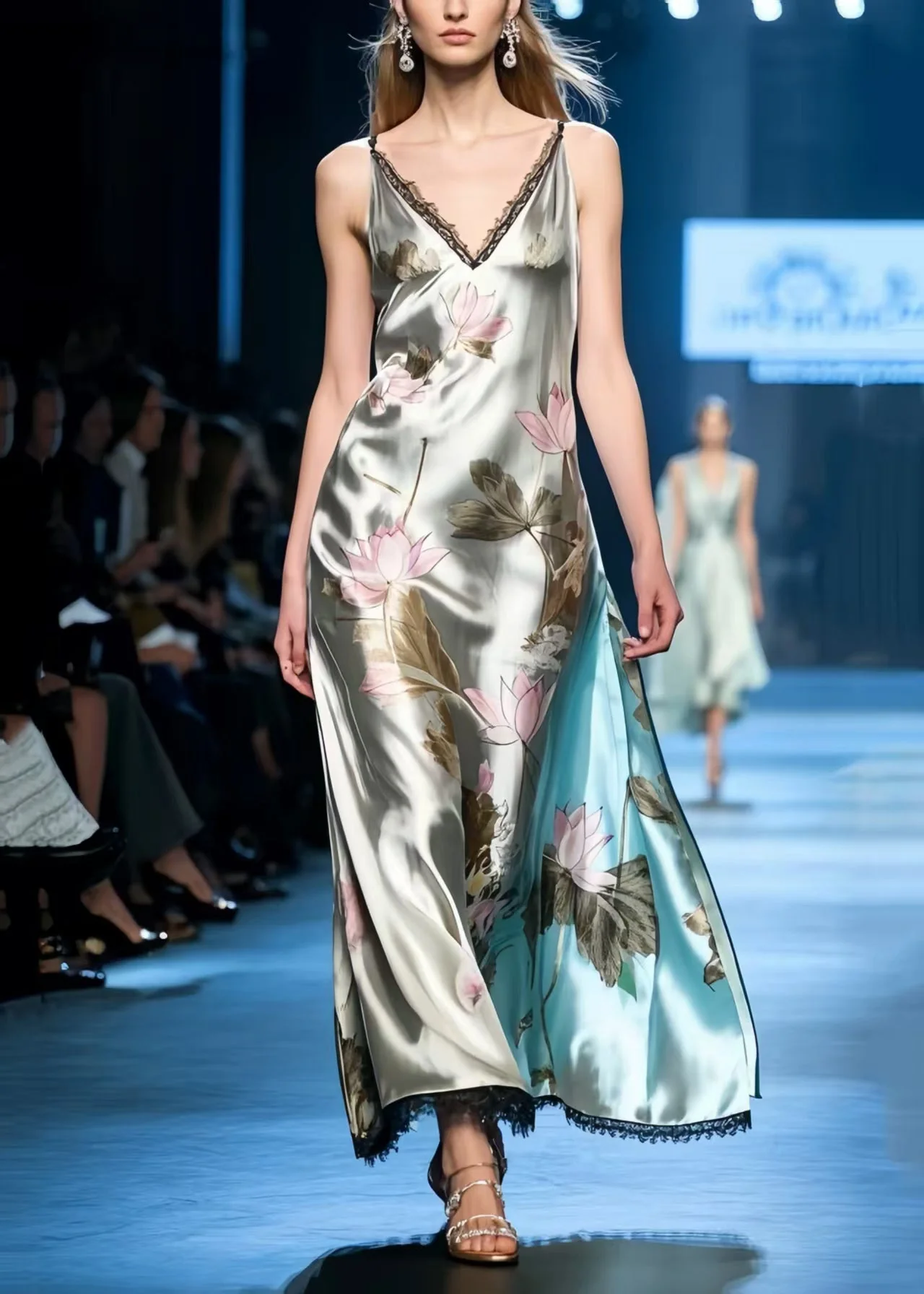Fine Lotus Print Draping Silk Spaghetti Strap Sundress - Image 3