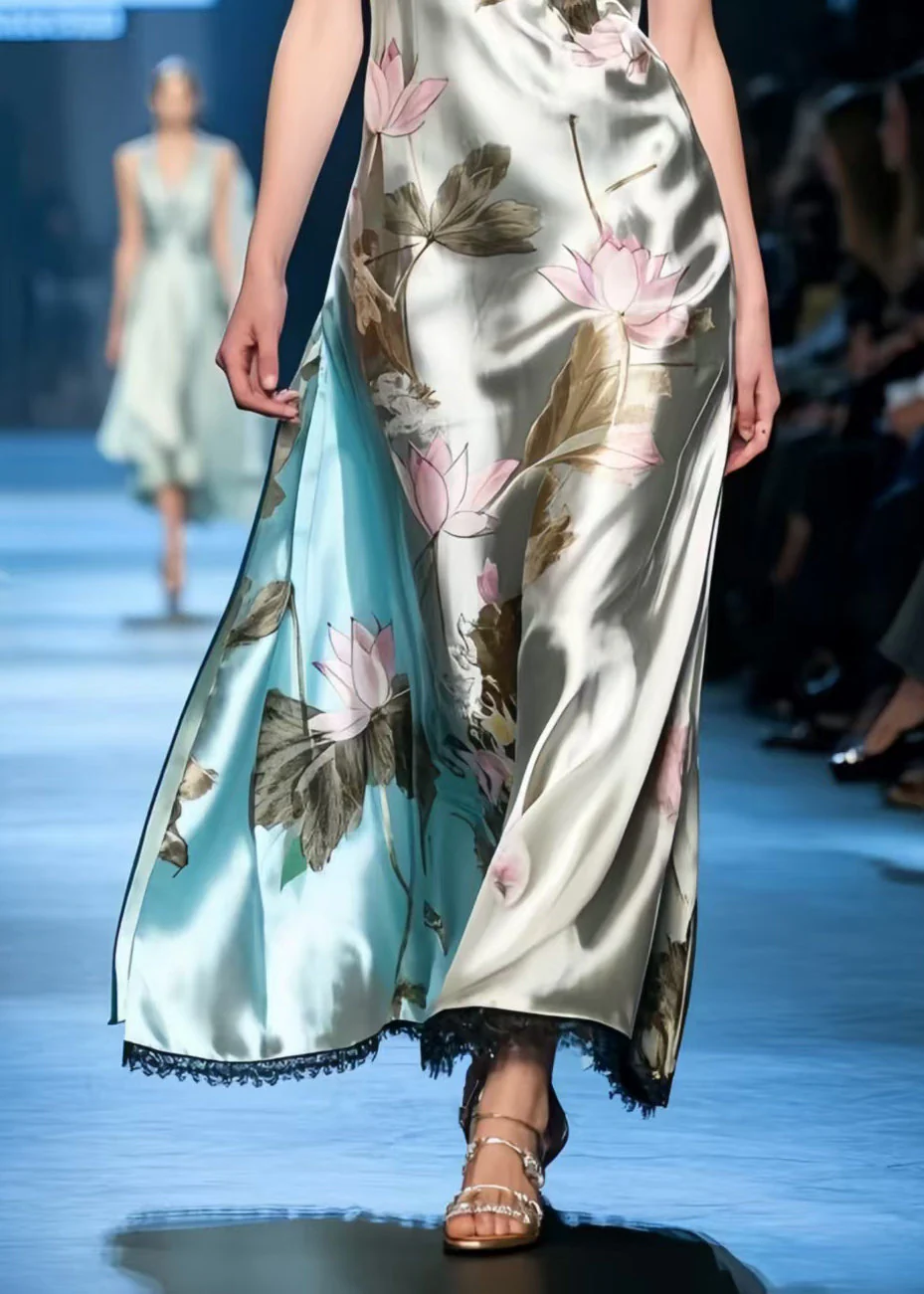 Fine Lotus Print Draping Silk Spaghetti Strap Sundress - Image 4