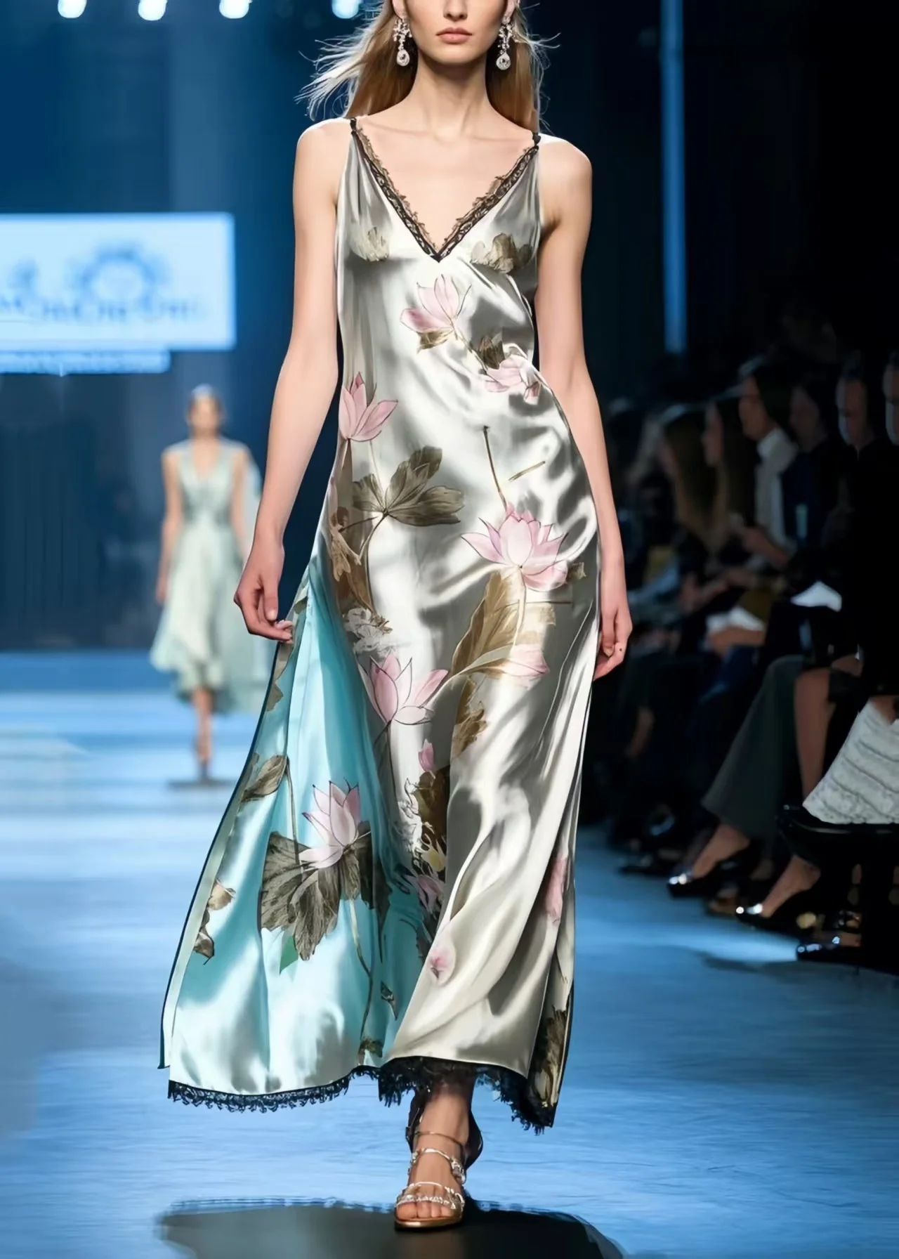Fine Lotus Print Draping Silk Spaghetti Strap Sundress - Image 5