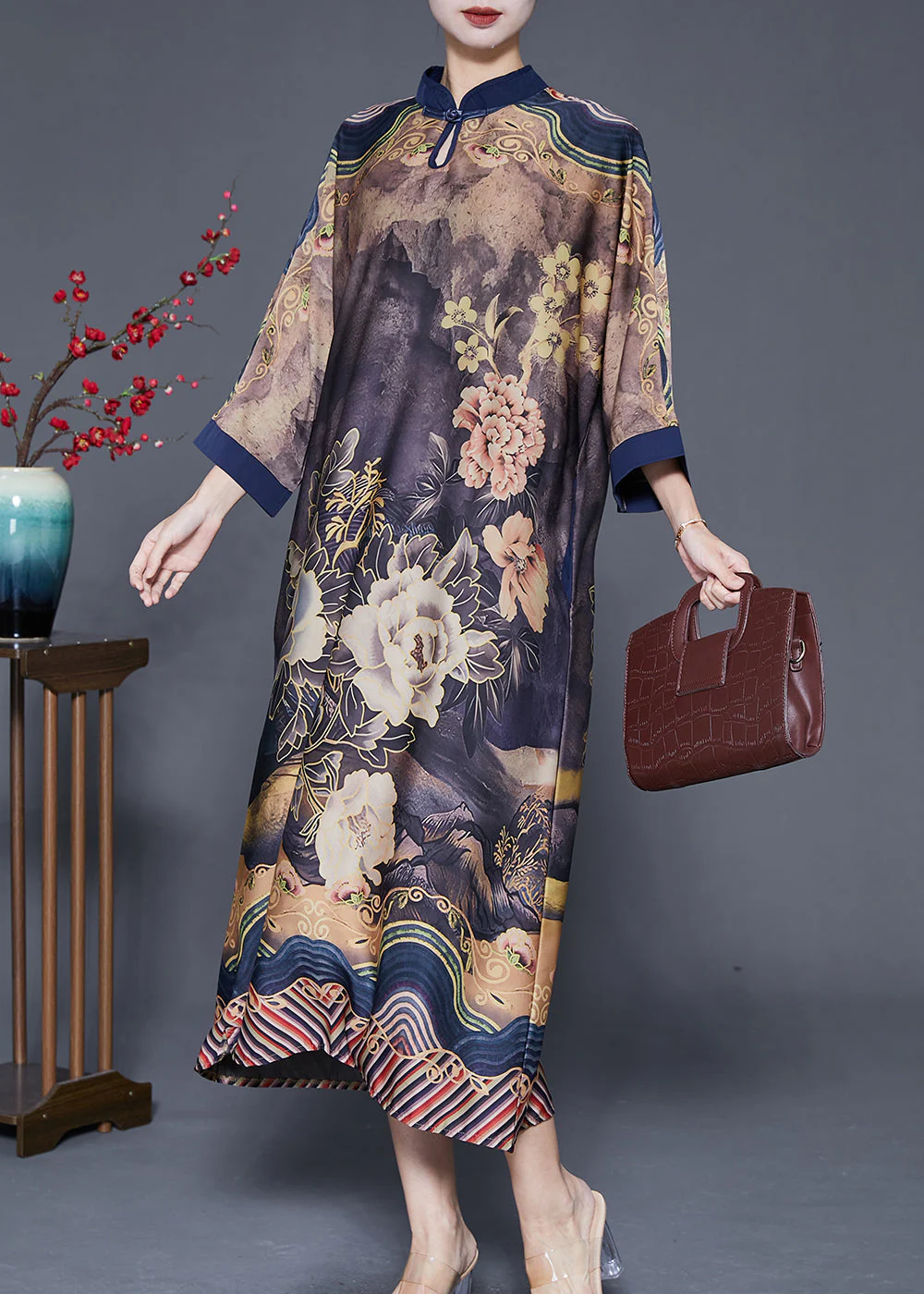 Fine Mandarin Collar Print Silk Maxi Dresses Bracelet Sleeve - Image 2