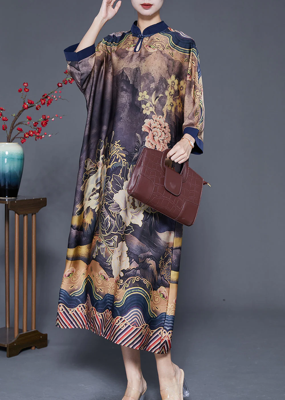 Fine Mandarin Collar Print Silk Maxi Dresses Bracelet Sleeve - Image 3